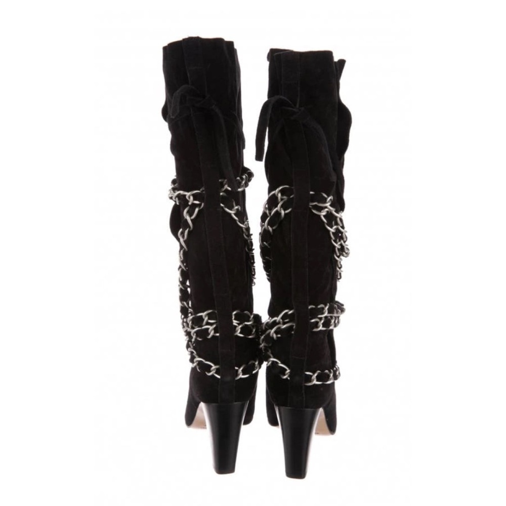 Black Suede Chain-Embellished Boots - Picture 6 of 9
